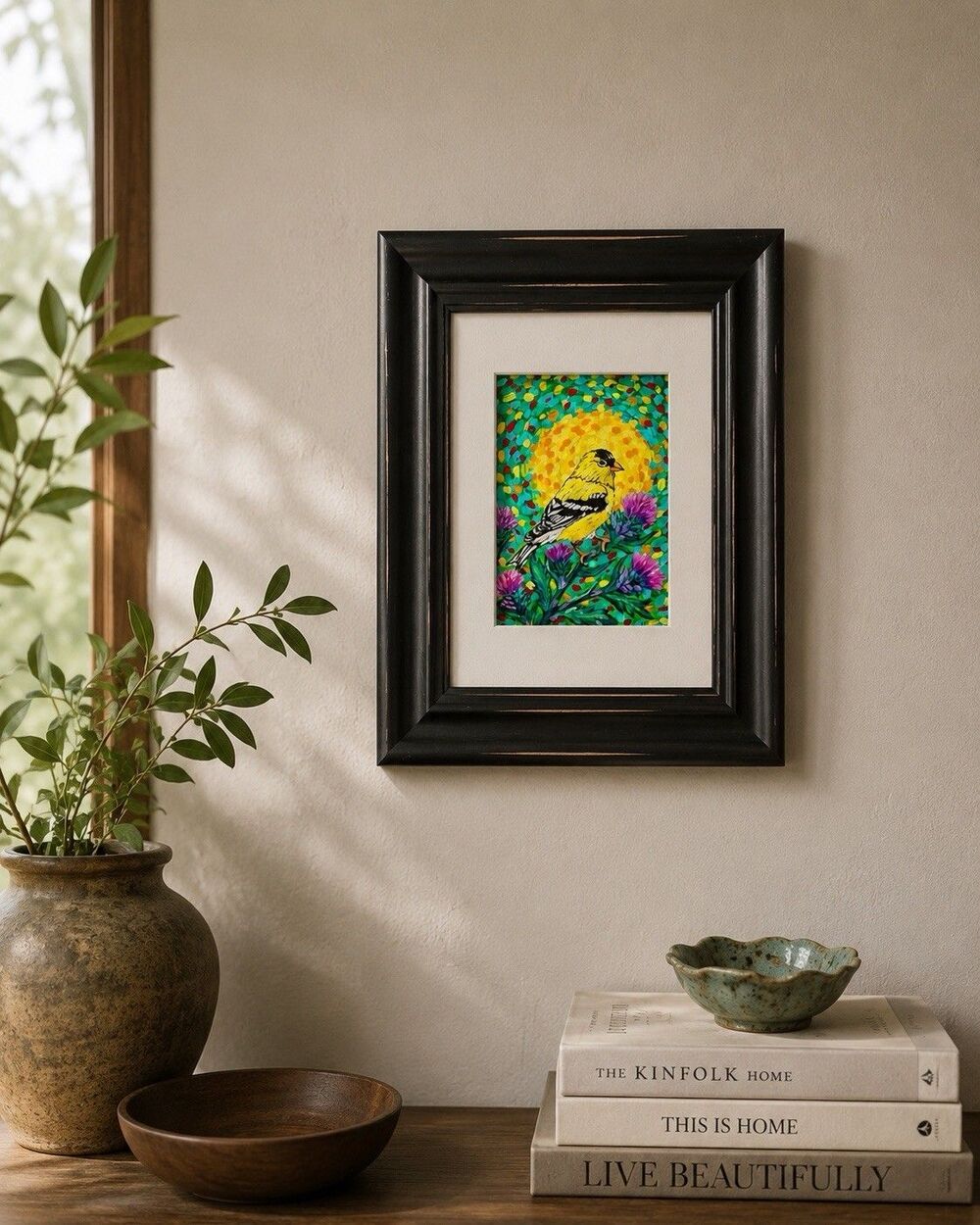 Original Goldfinch Bird Painting 5x7 Framed 8x10 Acrylic Art Song of Summer